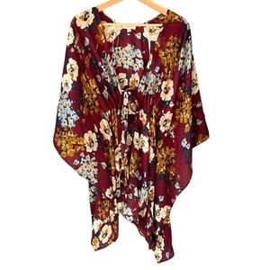 Umgee Hydrangea Fall Floral Kimono Topper. Sz S. Flowy. Long Line. Tie front.